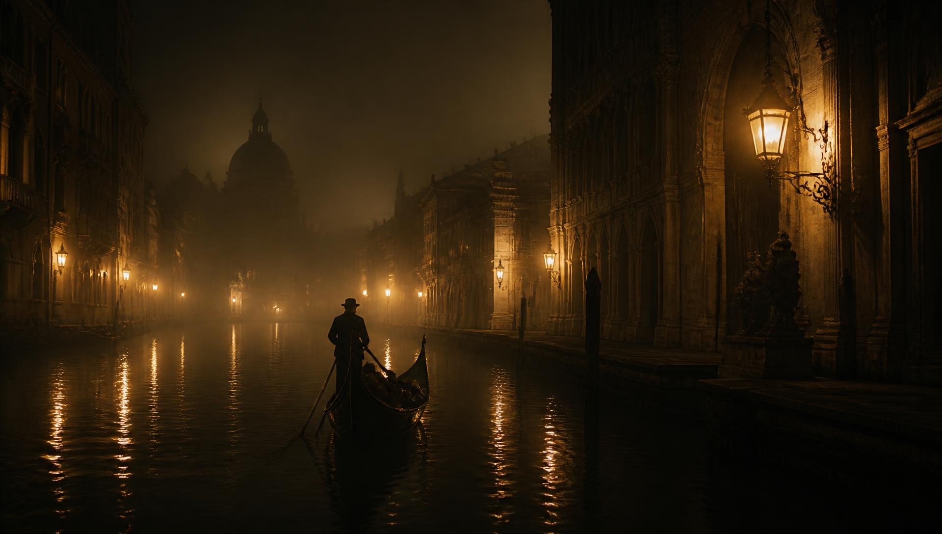 Canal de Venecia entre la niebla al anochecer
